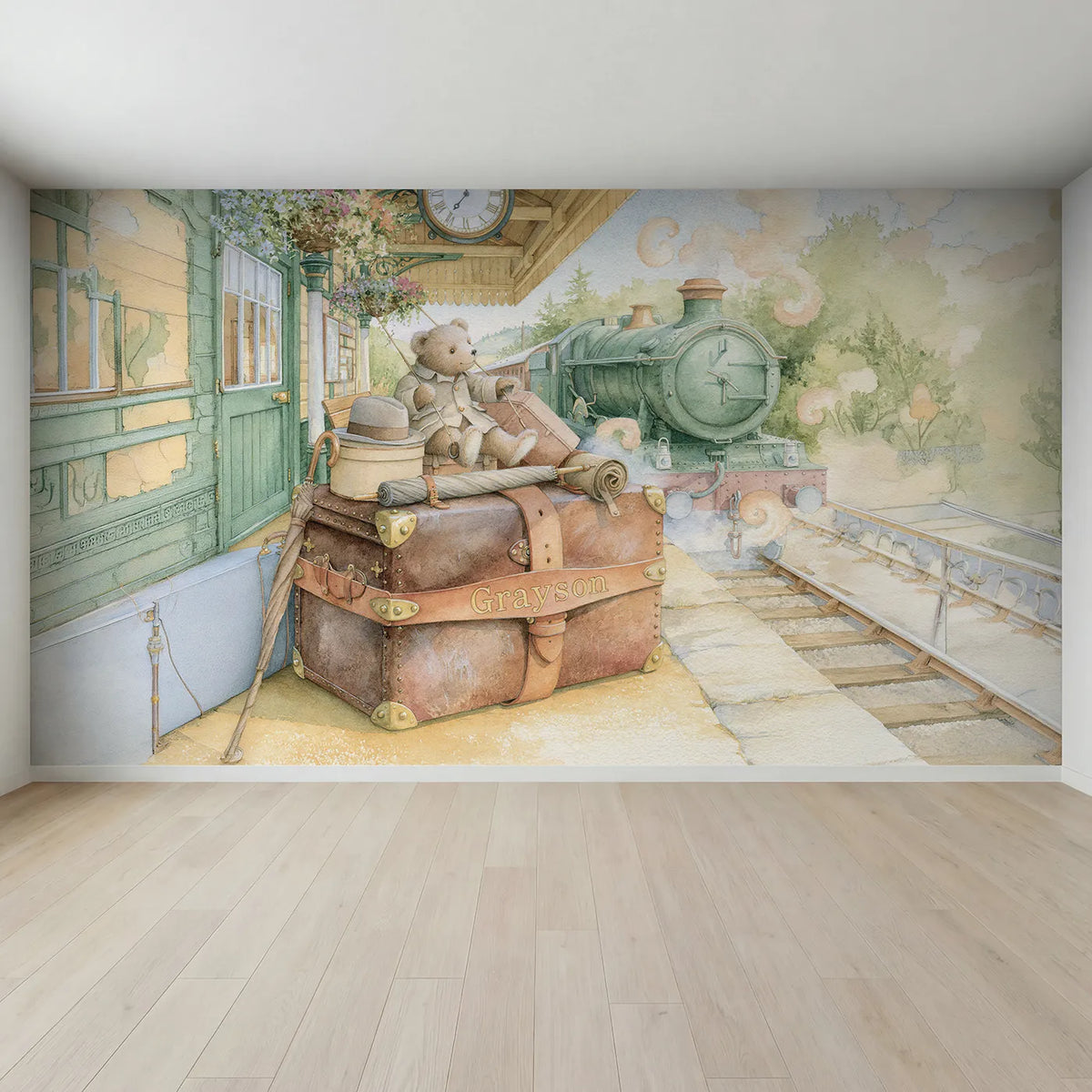 Full view of Vintage Travel Trunk Personalized Wall Mural by Whimsy Tots