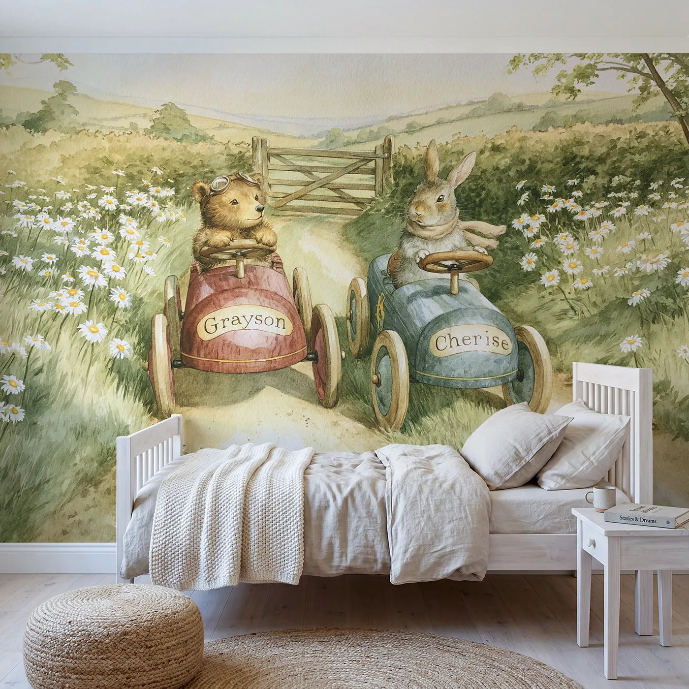 Storybook two pedal cars personalized wall mural with painted bonnet names by Whimsy Tots