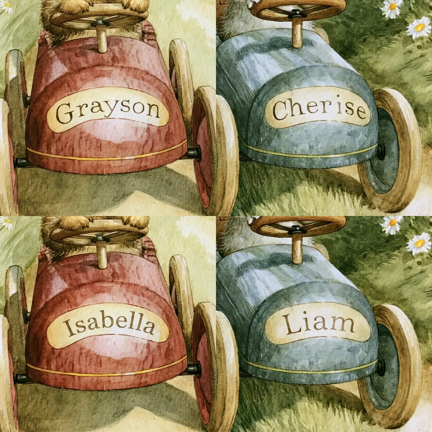 Four name preview examples of Two Little Pedal Cars Personalized Wall Mural by Whimsy Tots