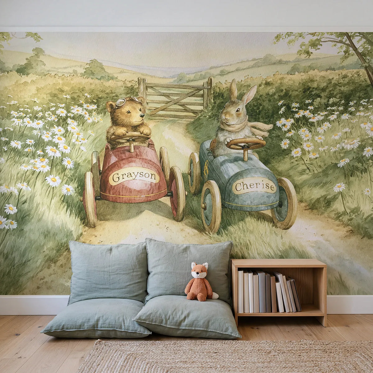 Two Little Pedal Cars Personalized Wall Mural in playroom setting by Whimsy Tots
