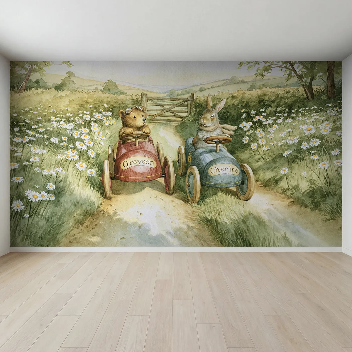 Full view of Two Little Pedal Cars Personalized Wall Mural by Whimsy Tots
