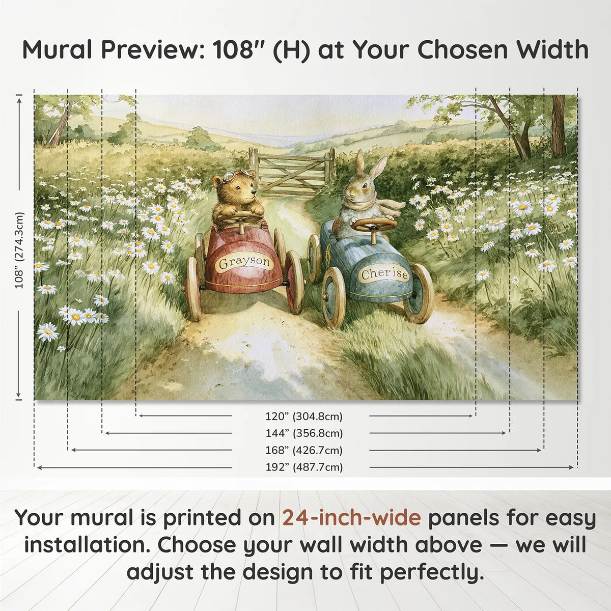 Panel layout and dimensions for Two Little Pedal Cars Personalized Wall Mural by Whimsy Tots