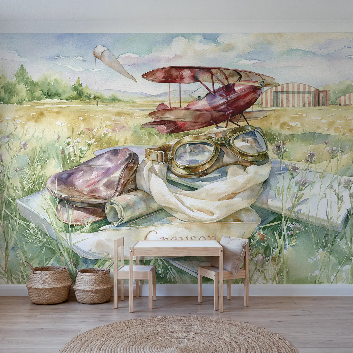 Watercolor aviator goggles personalized wall mural with embroidered flying scarf end by Whimsy Tots