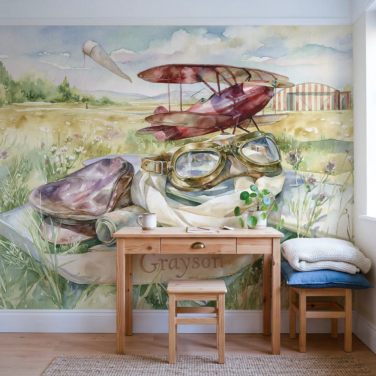 Aviator Goggles and Scarf Personalized Wall Mural in playroom setting by Whimsy Tots