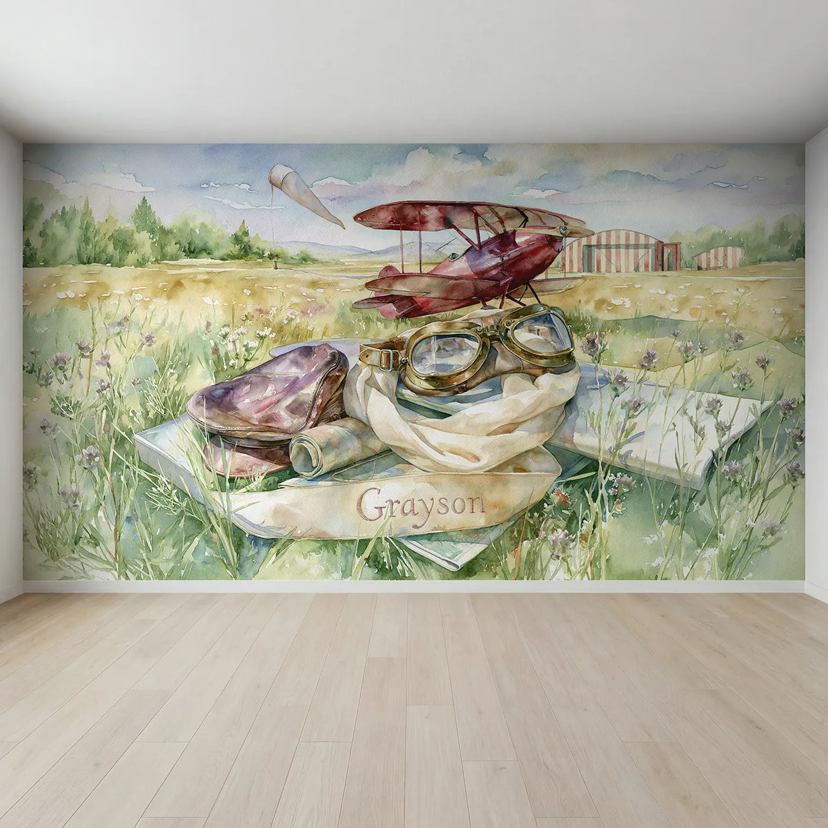 Full view of Aviator Goggles and Scarf Personalized Wall Mural by Whimsy Tots