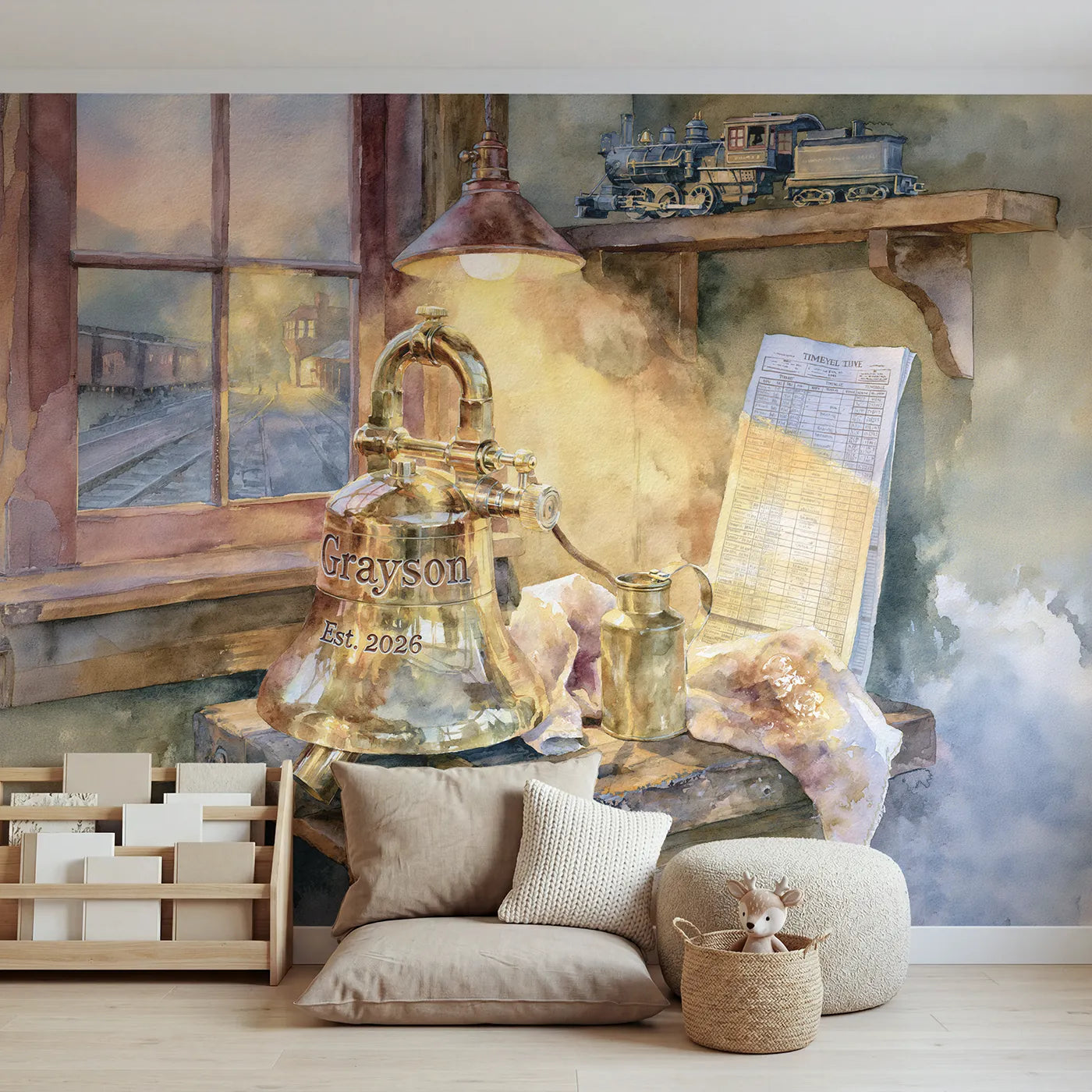 Watercolor brass engine whistle personalized wall mural with engraved body and year by Whimsy Tots