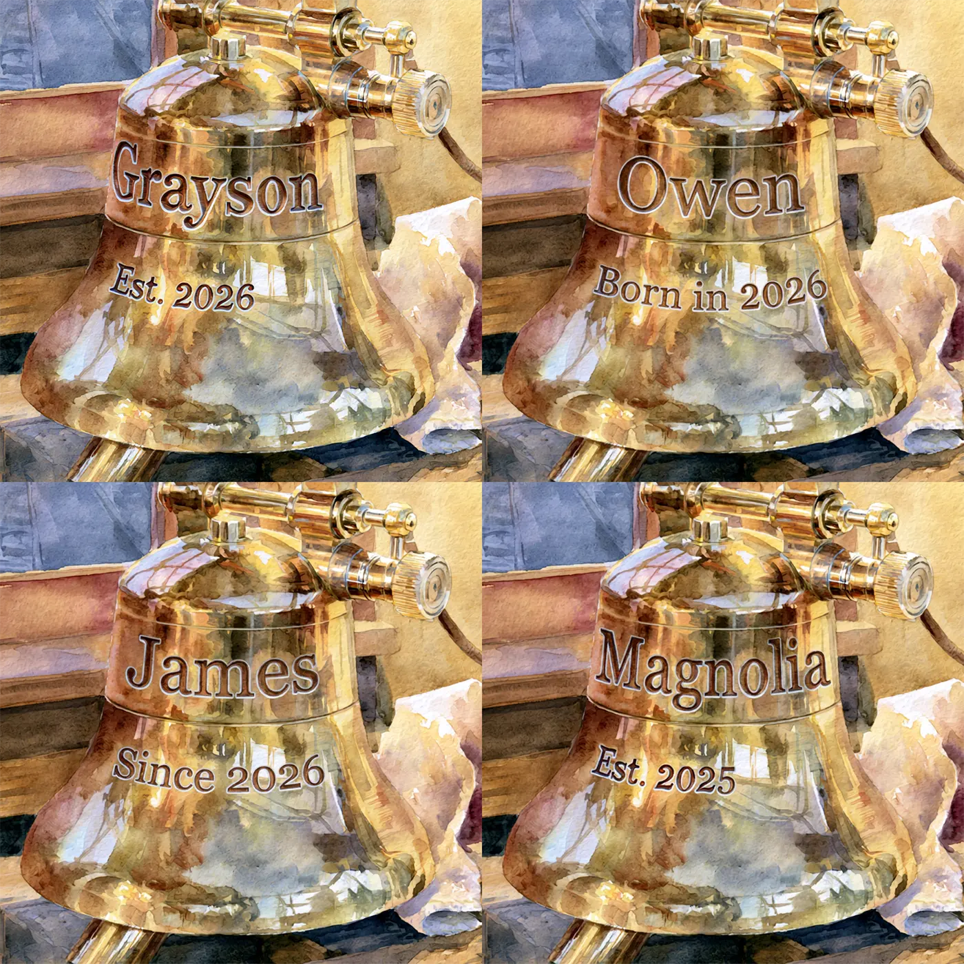 Four name preview examples of Brass Engine Whistle Personalized Wall Mural by Whimsy Tots