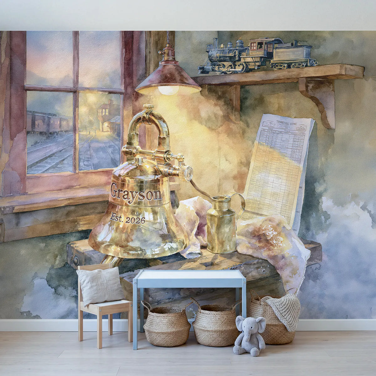 Brass Engine Whistle Personalized Wall Mural in playroom setting by Whimsy Tots