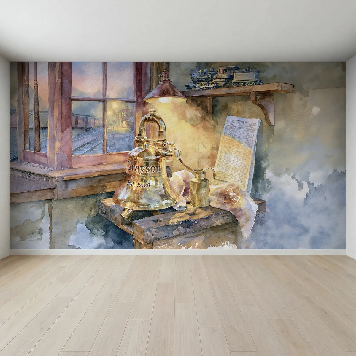 Full view of Brass Engine Whistle Personalized Wall Mural by Whimsy Tots