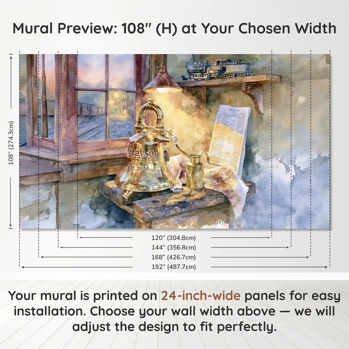 Panel layout and dimensions for Brass Engine Whistle Personalized Wall Mural by Whimsy Tots