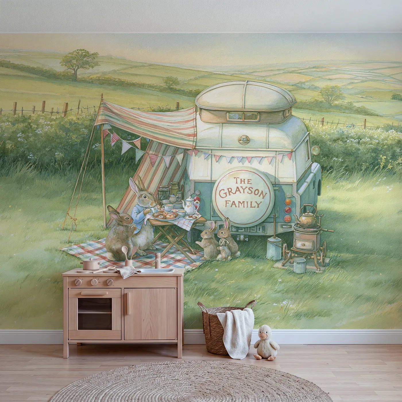 Storybook family motor caravan personalized wall mural with painted wheel cover by Whimsy Tots
