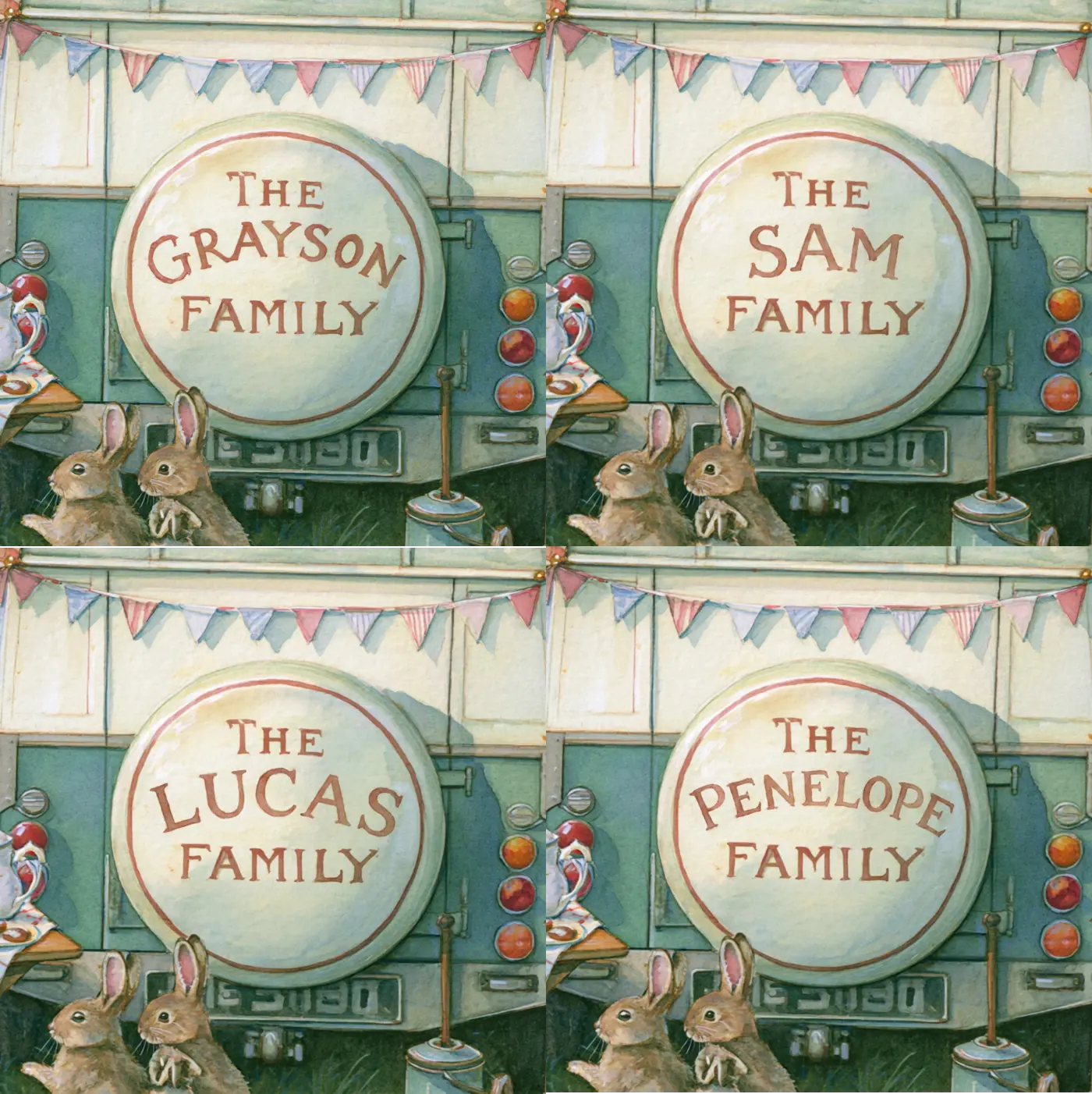 Four name preview examples of Family Motor Caravan Personalized Wall Mural by Whimsy Tots