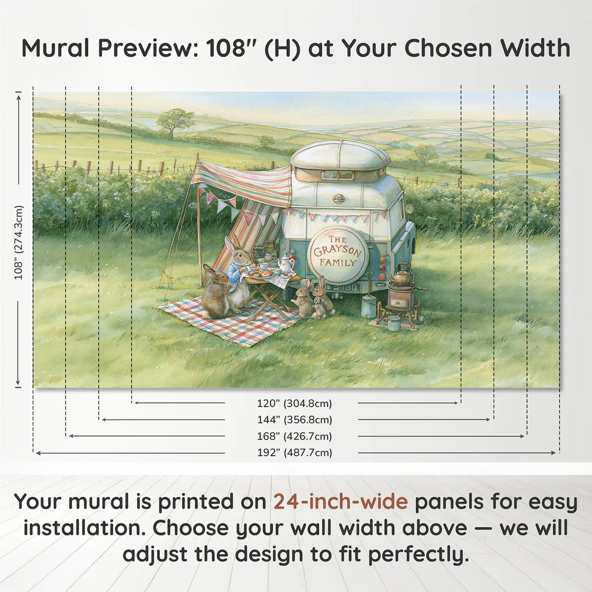 Panel layout and dimensions for Family Motor Caravan Personalized Wall Mural by Whimsy Tots