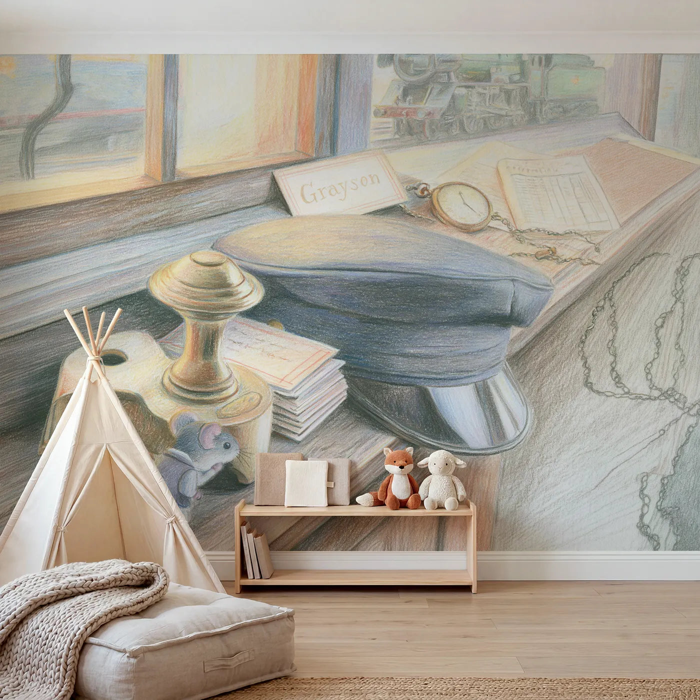 Colored pencil conductor cap personalized wall mural with printed railway ticket name by Whimsy Tots