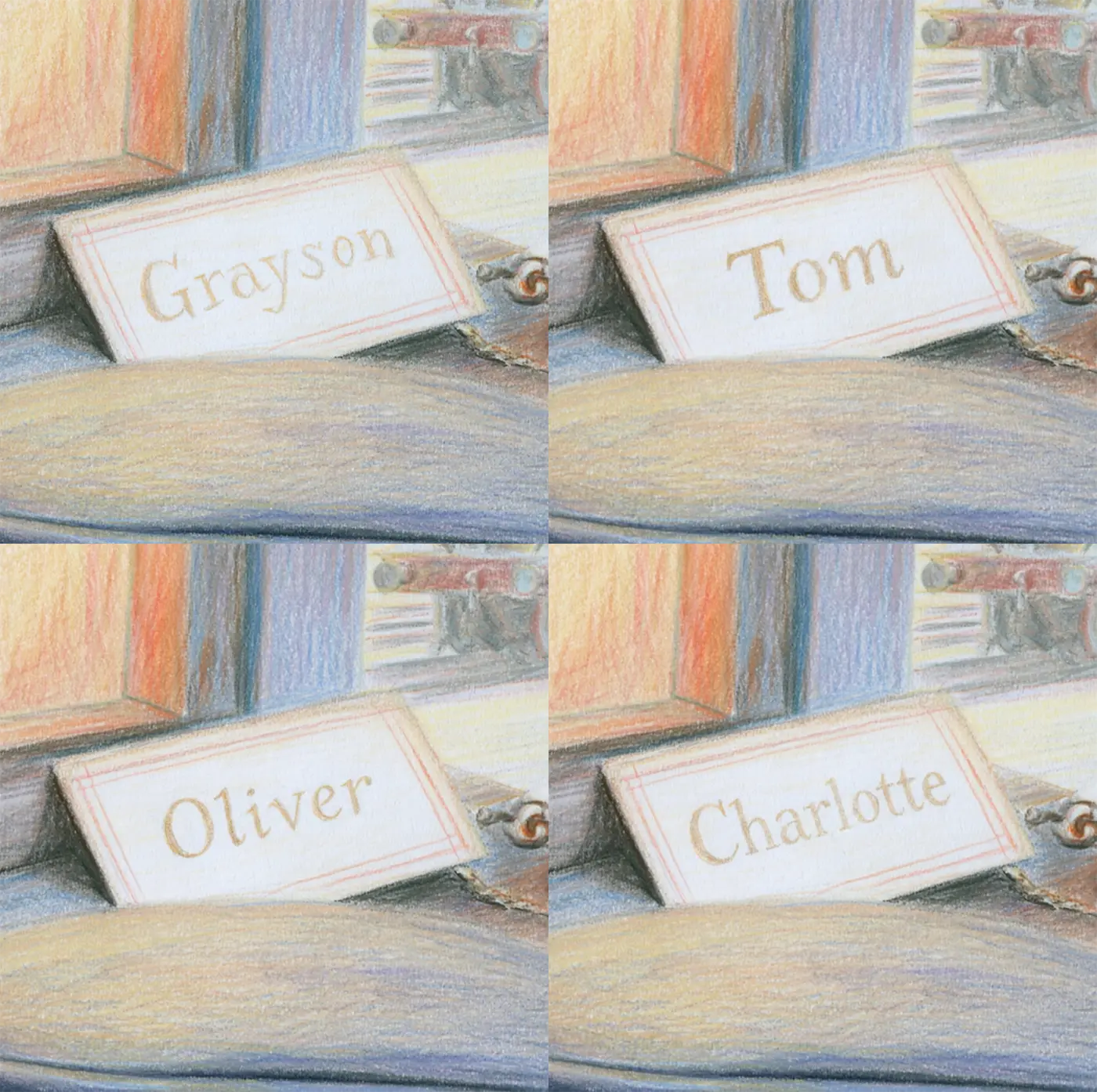 Four name preview examples of Conductor Cap and Ticket Personalized Wall Mural by Whimsy Tots