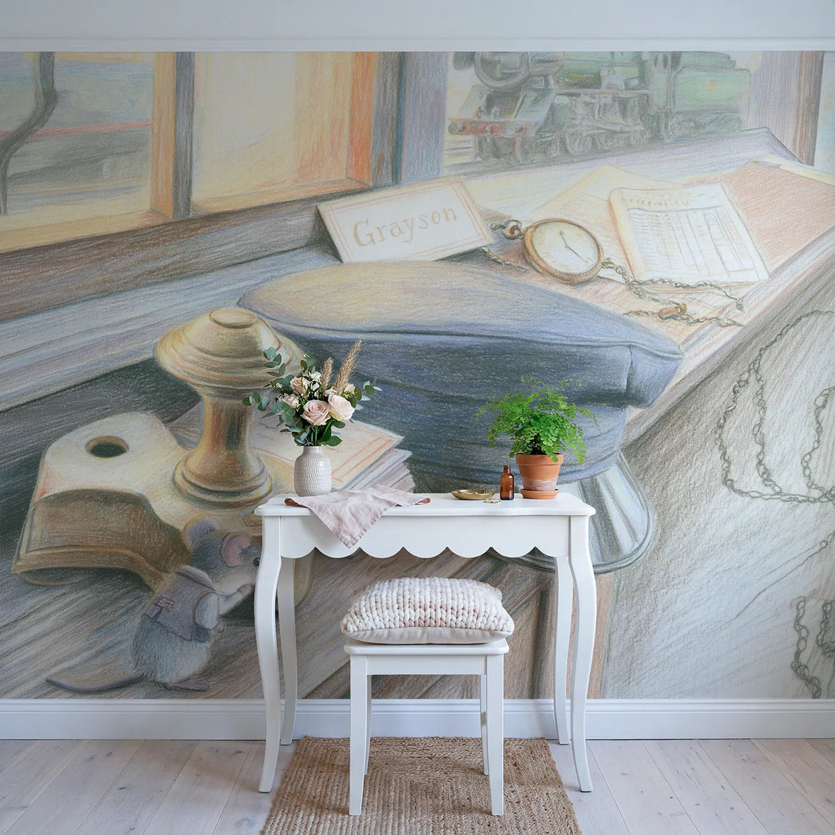 Conductor Cap and Ticket Personalized Wall Mural in playroom setting by Whimsy Tots