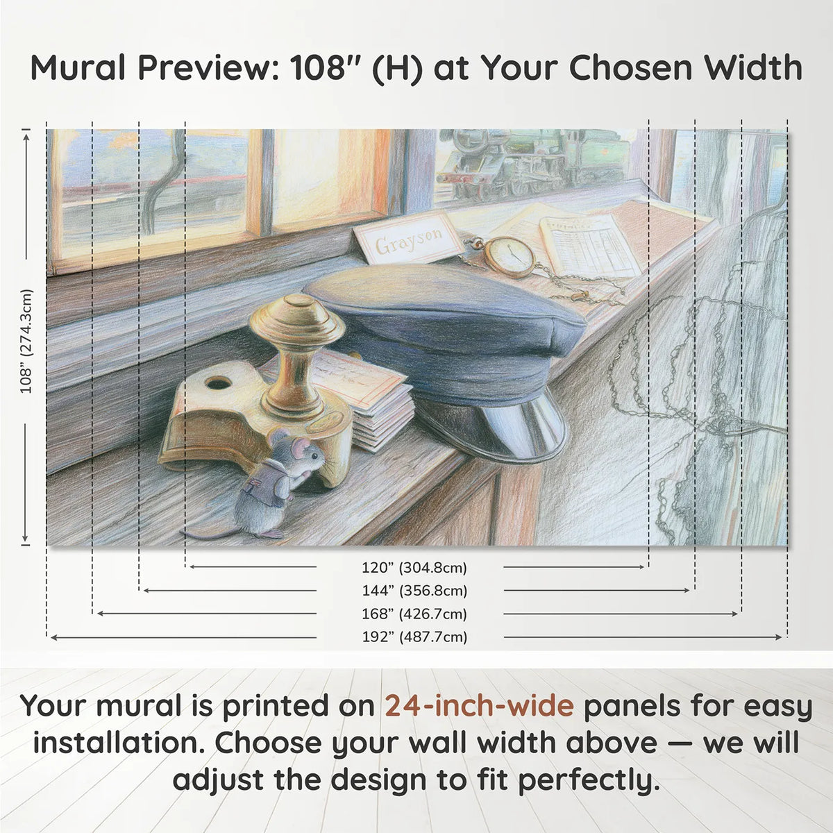 Panel layout and dimensions for Conductor Cap and Ticket Personalized Wall Mural by Whimsy Tots