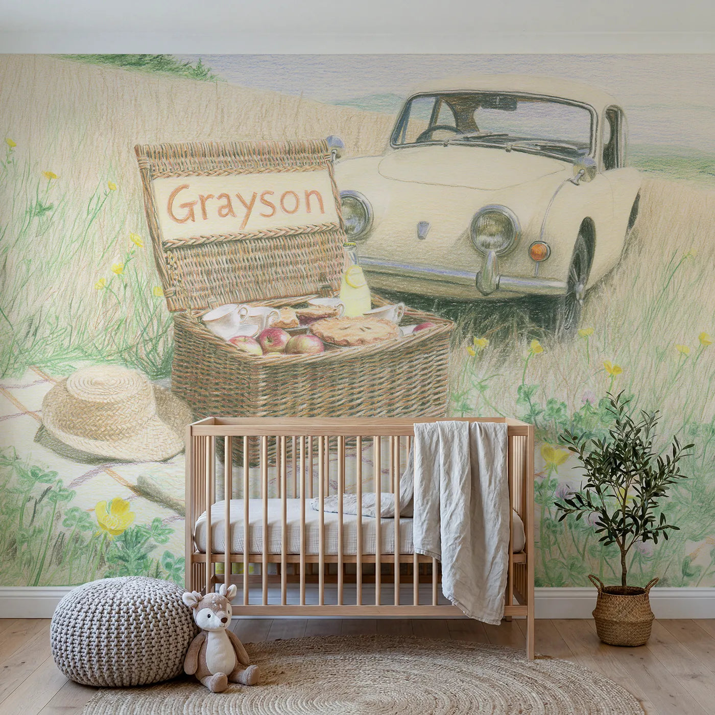 Colored pencil picnic hamper personalized wall mural with woven lid band name by Whimsy Tots