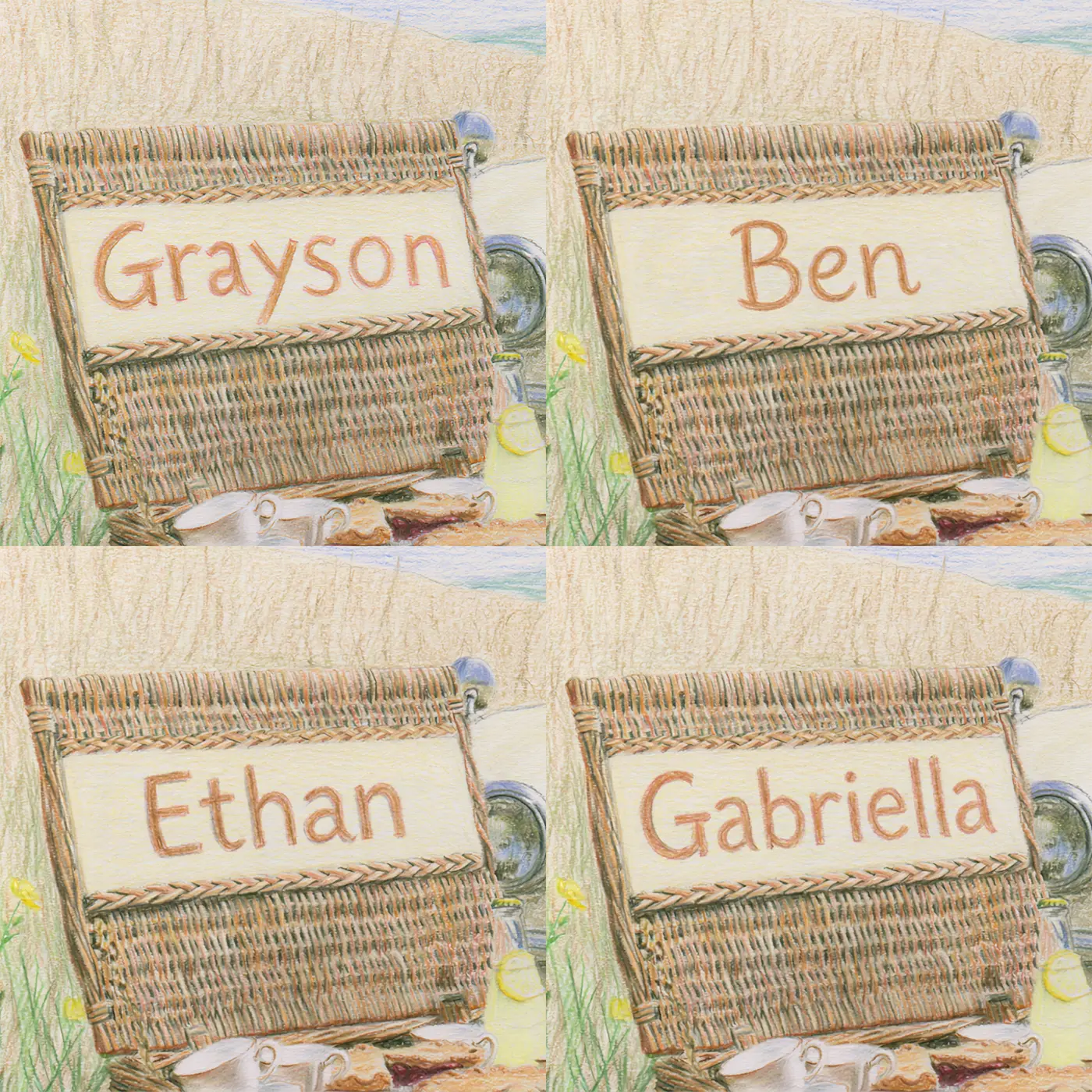 Four name preview examples of Vintage Picnic Hamper Personalized Wall Mural by Whimsy Tots