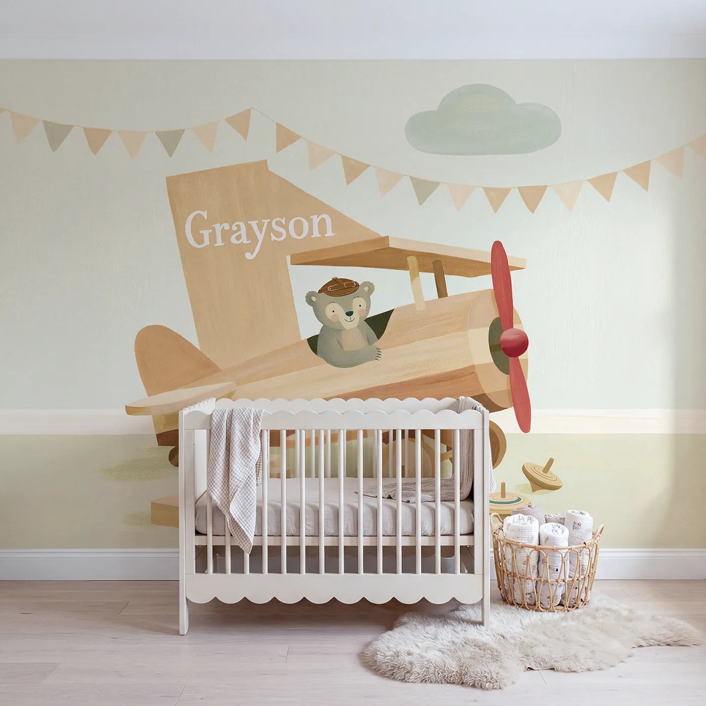 Modern illustration toy aeroplane personalized wall mural with painted tail fin by Whimsy Tots