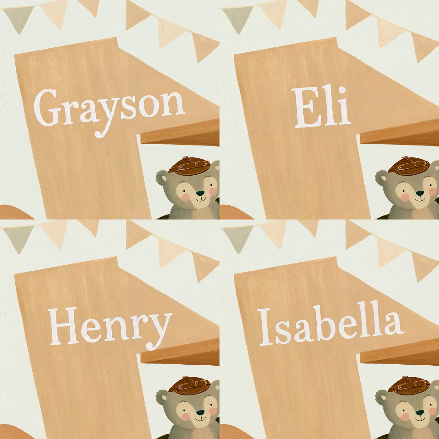 Four name preview examples of Flat Toy Aeroplane Personalized Wall Mural by Whimsy Tots