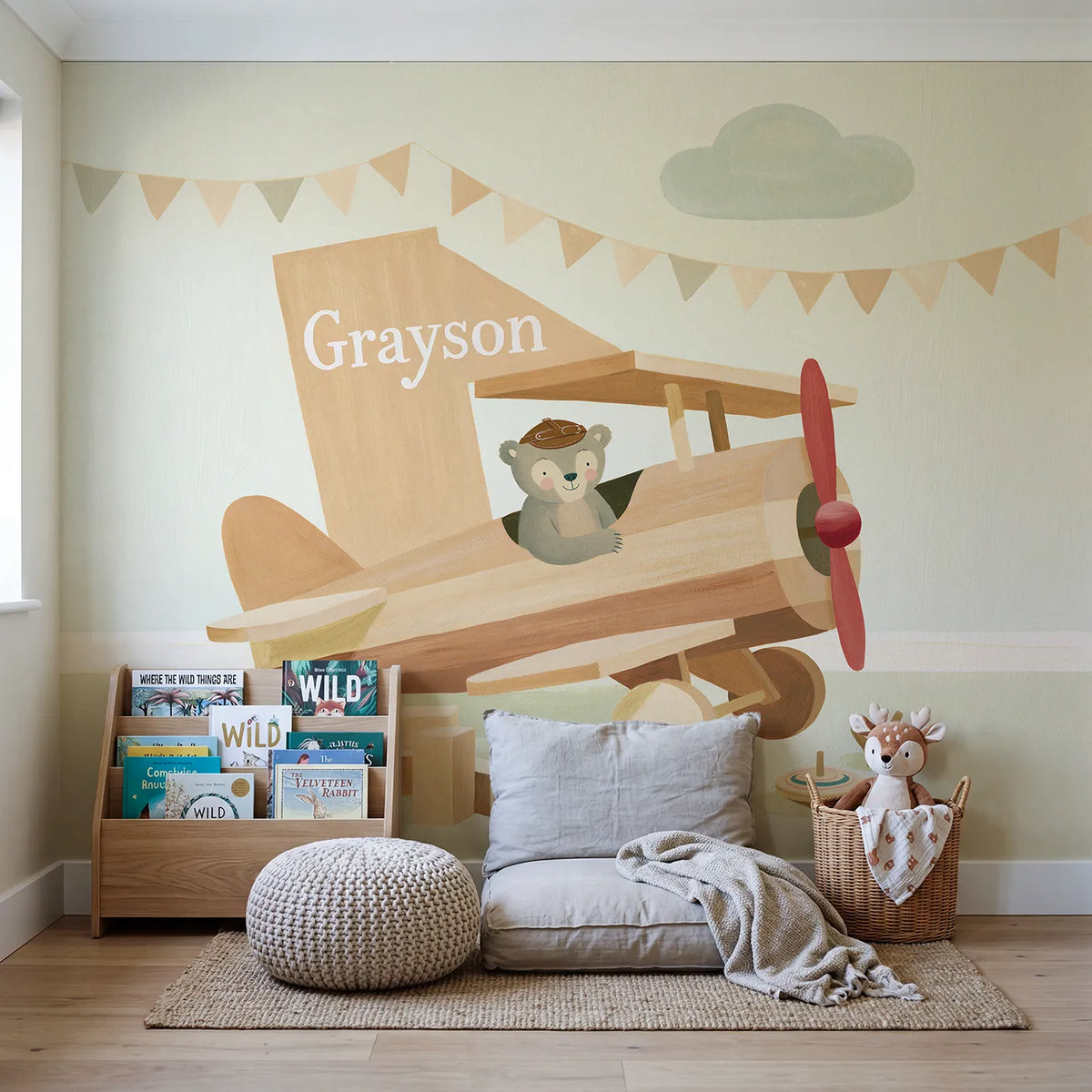 Flat Toy Aeroplane Personalized Wall Mural in playroom setting by Whimsy Tots