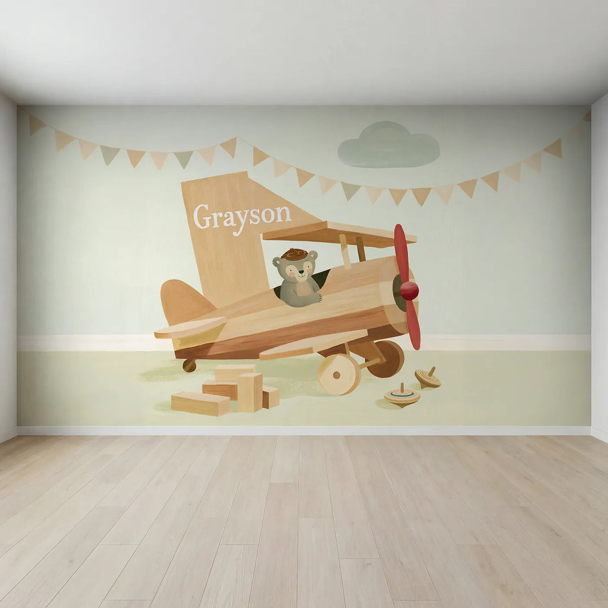 Full view of Flat Toy Aeroplane Personalized Wall Mural by Whimsy Tots