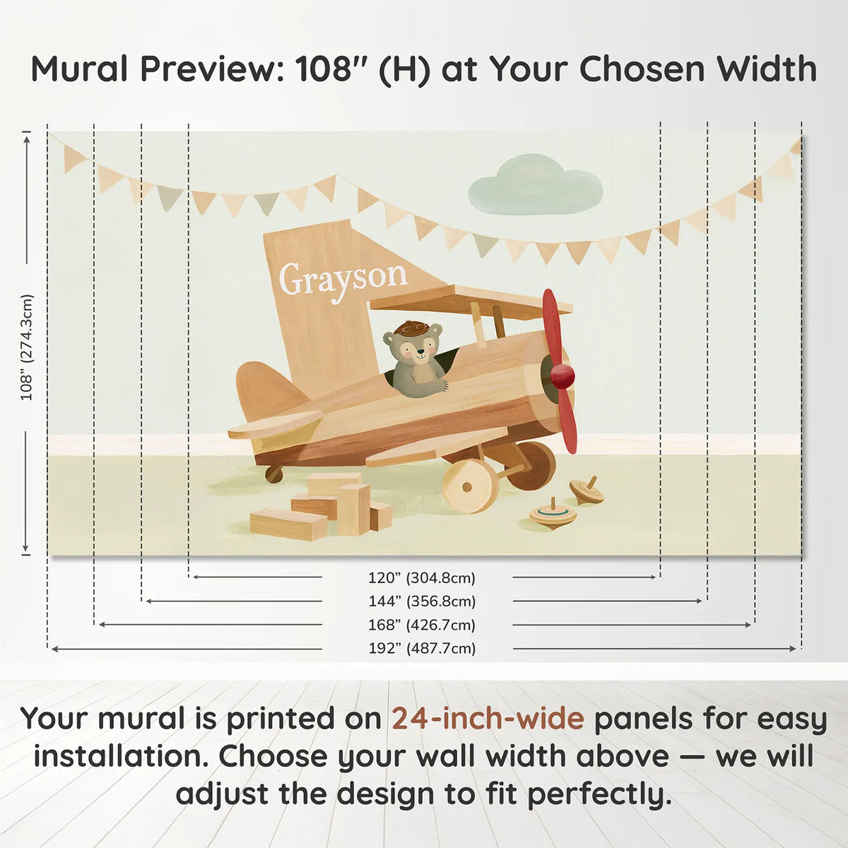 Panel layout and dimensions for Flat Toy Aeroplane Personalized Wall Mural by Whimsy Tots