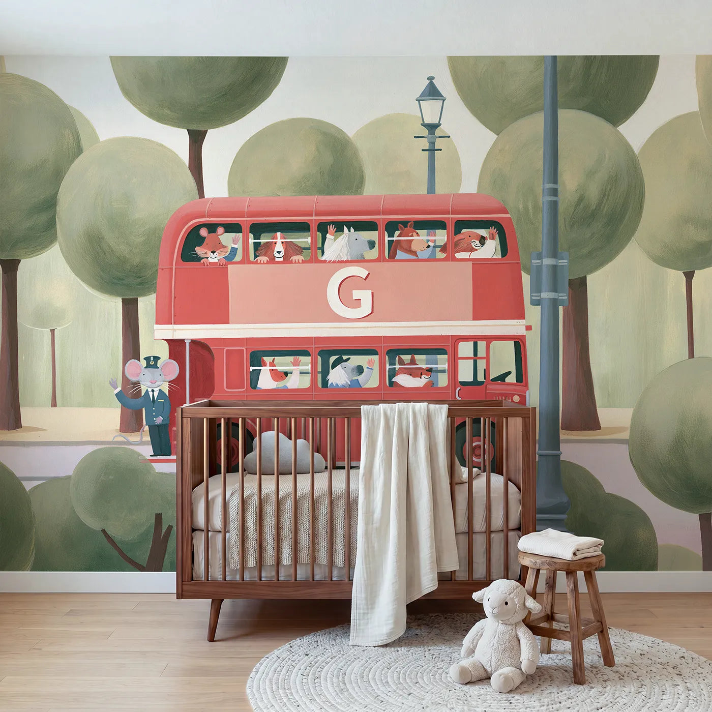 Modern illustration tin toy bus personalized wall mural with painted side initial by Whimsy Tots