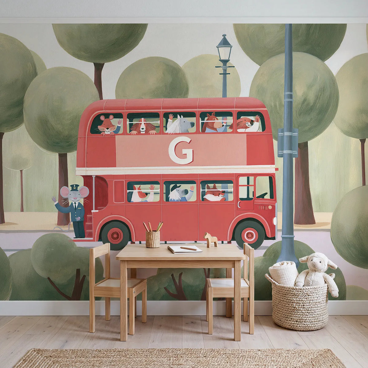 Flat Tin Bus Personalized Wall Mural in playroom setting by Whimsy Tots