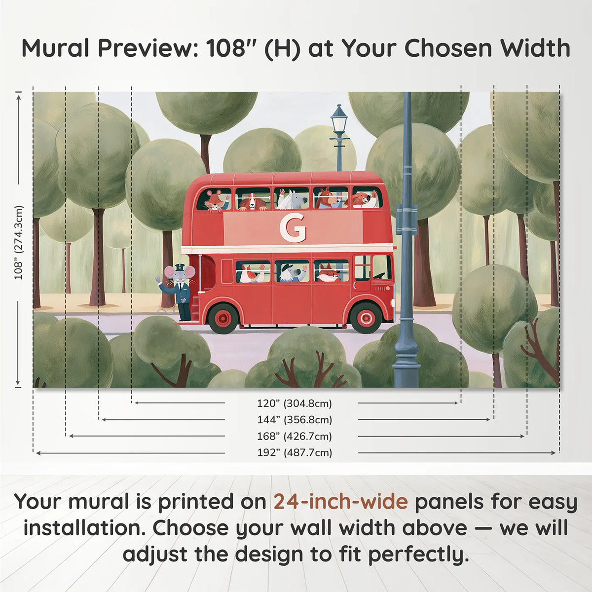 Panel layout and dimensions for Flat Tin Bus Personalized Wall Mural by Whimsy Tots