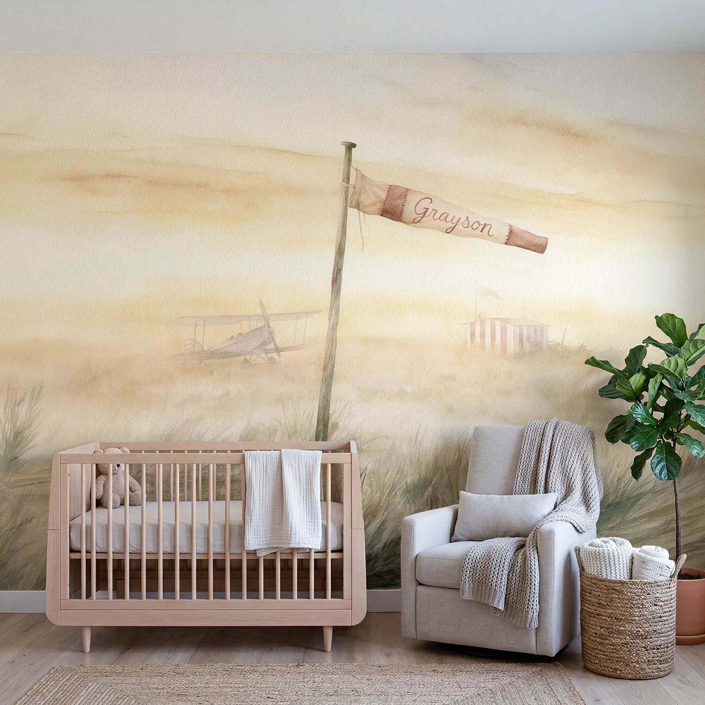 Watercolor misty airfield windsock personalized wall mural with stitched band name by Whimsy Tots