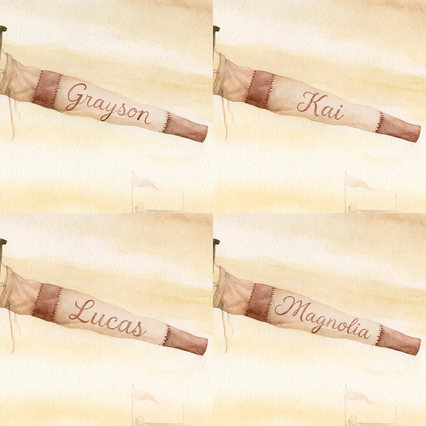 Four name preview examples of Misty Airfield Windsock Personalized Wall Mural by Whimsy Tots