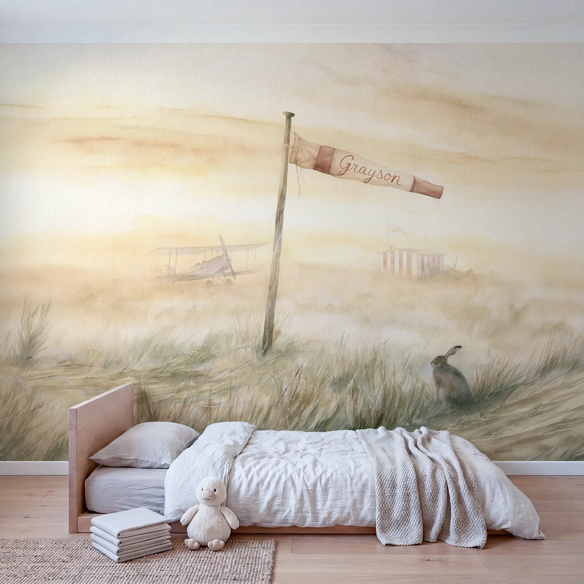 Misty Airfield Windsock Personalized Wall Mural in playroom setting by Whimsy Tots