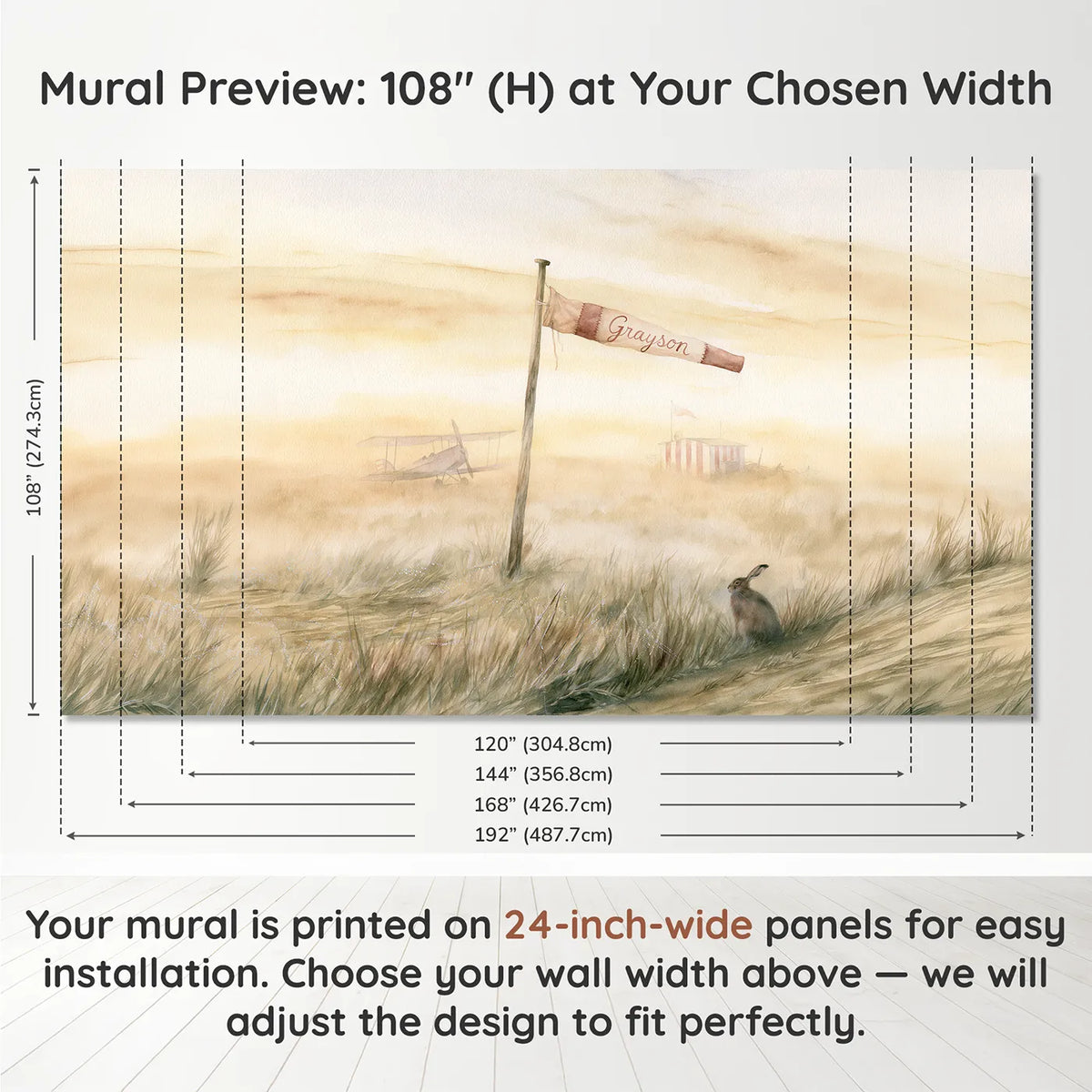 Panel layout and dimensions for Misty Airfield Windsock Personalized Wall Mural by Whimsy Tots