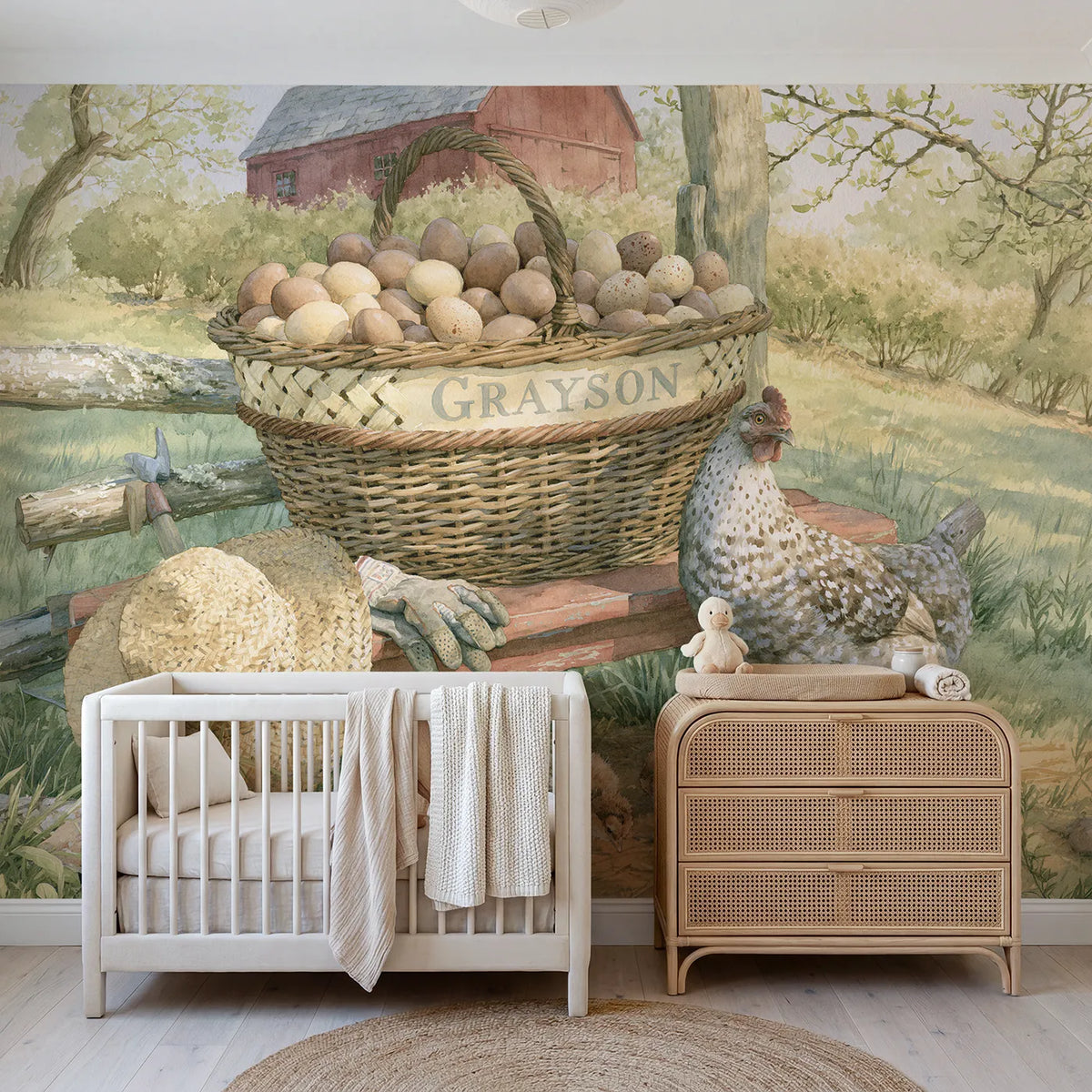 Storybook farmyard egg basket personalized wall mural with woven rim band name by Whimsy Tots
