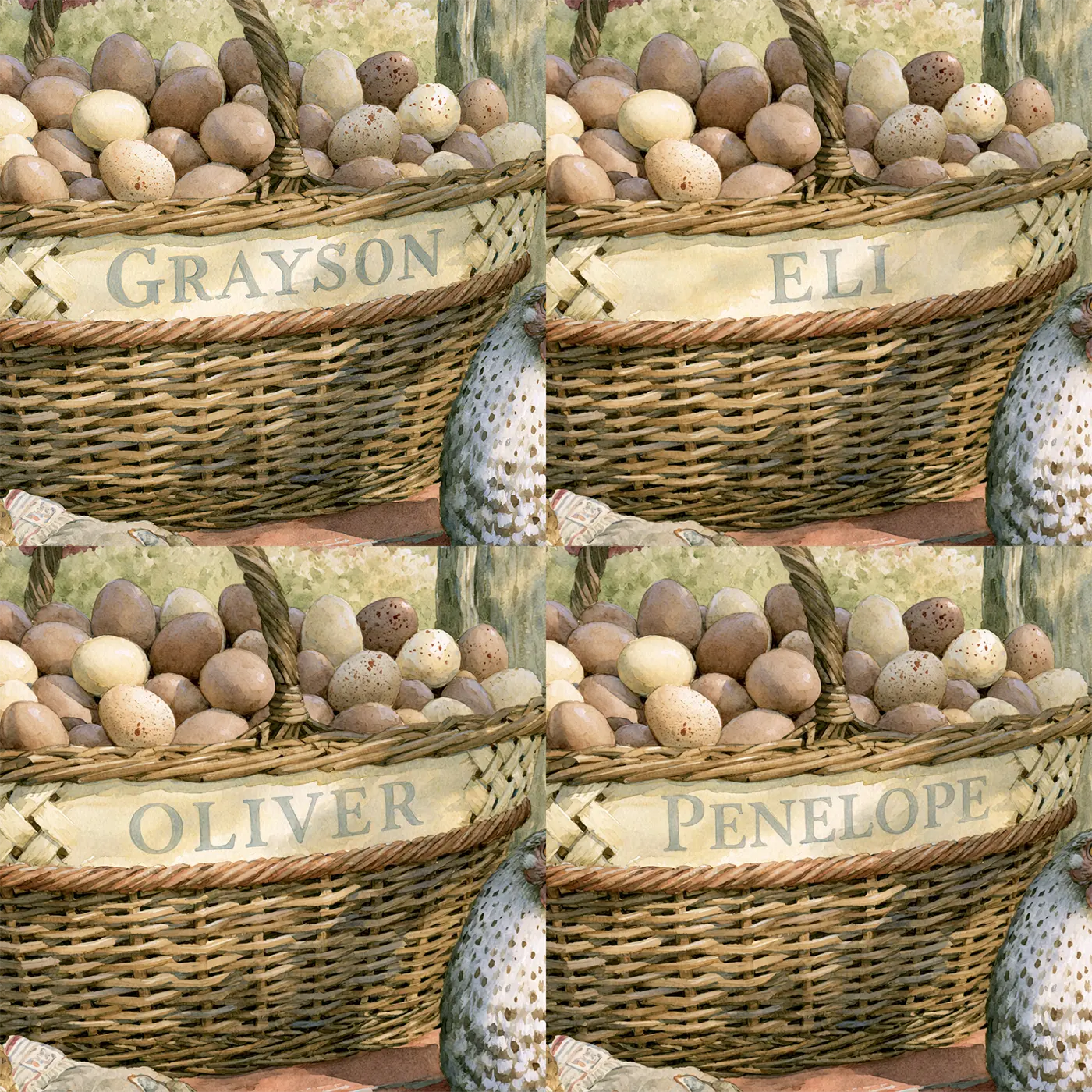 Four name preview examples of Farmyard Egg Basket Personalized Wall Mural by Whimsy Tots