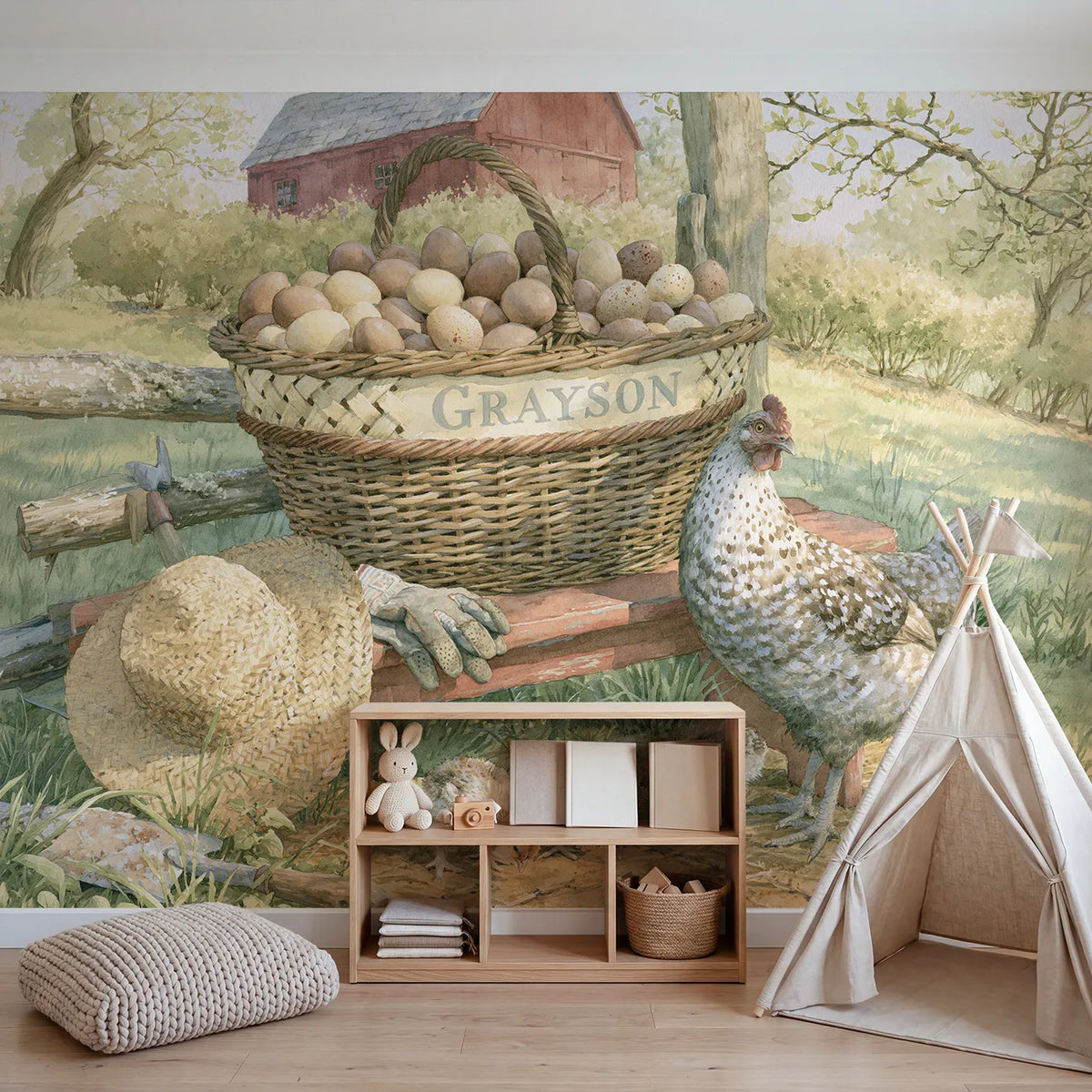 Farmyard Egg Basket Personalized Wall Mural in playroom setting by Whimsy Tots