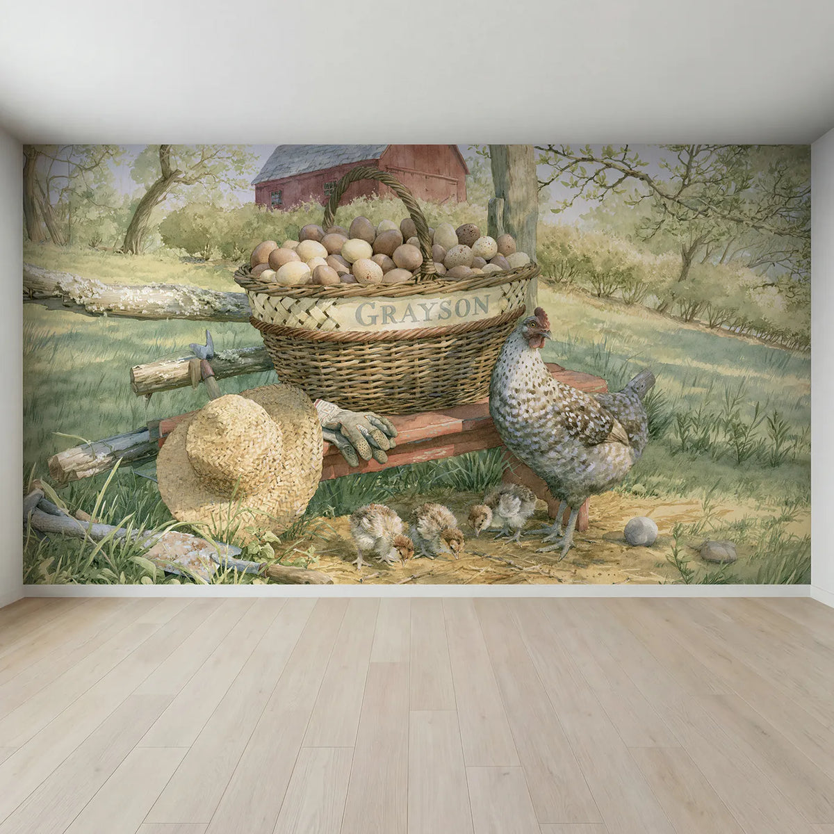 Full view of Farmyard Egg Basket Personalized Wall Mural by Whimsy Tots