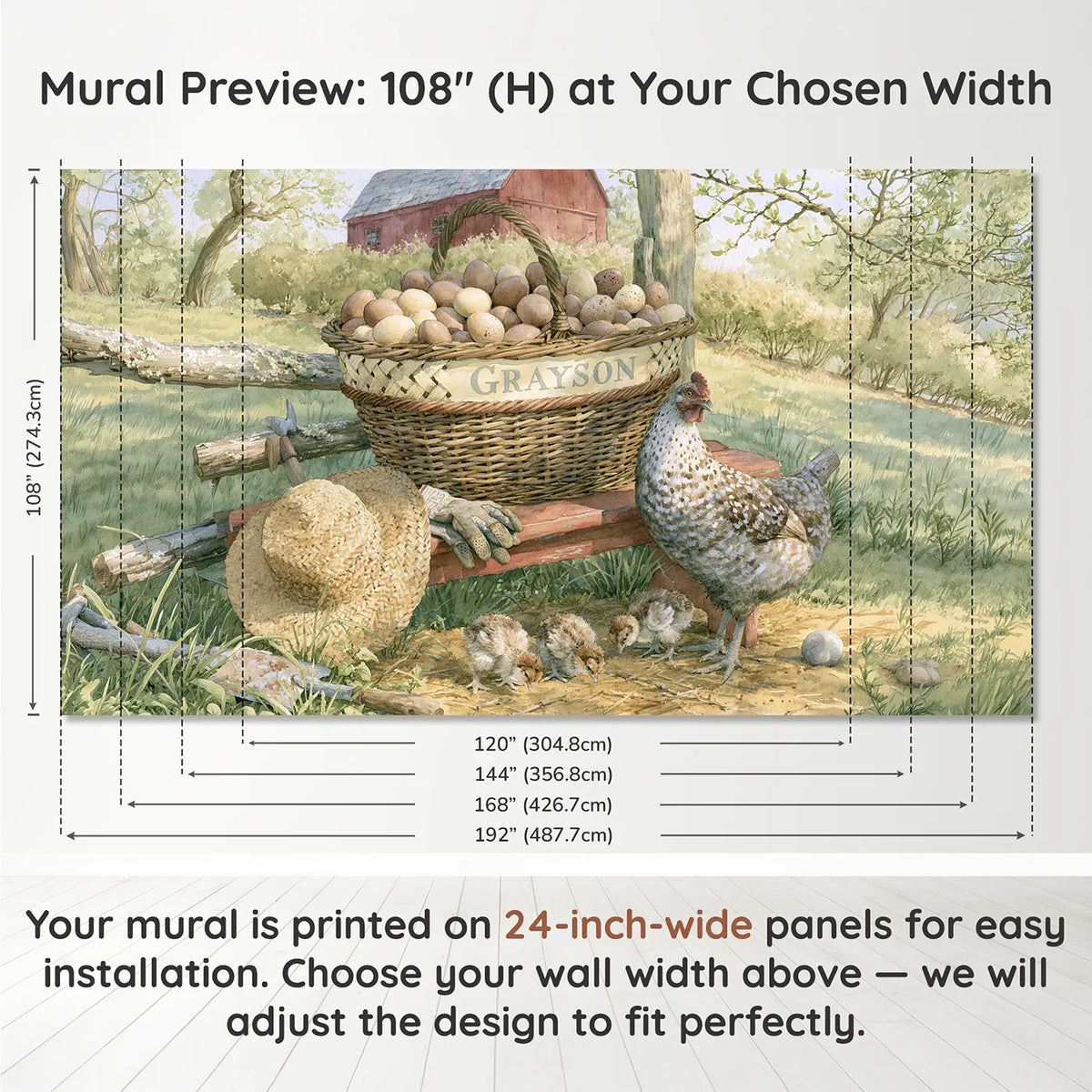 Panel layout and dimensions for Farmyard Egg Basket Personalized Wall Mural by Whimsy Tots