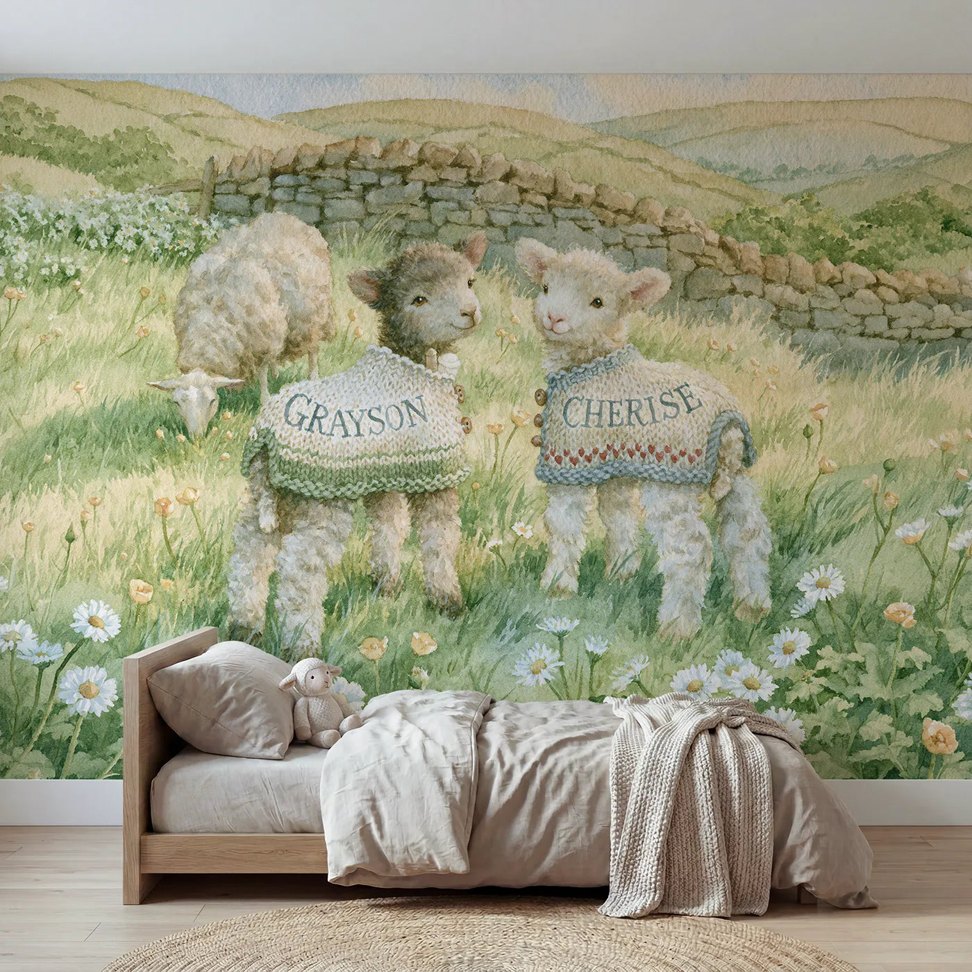 Storybook two lambs knitted coats personalized wall mural with sibling name backs by Whimsy Tots