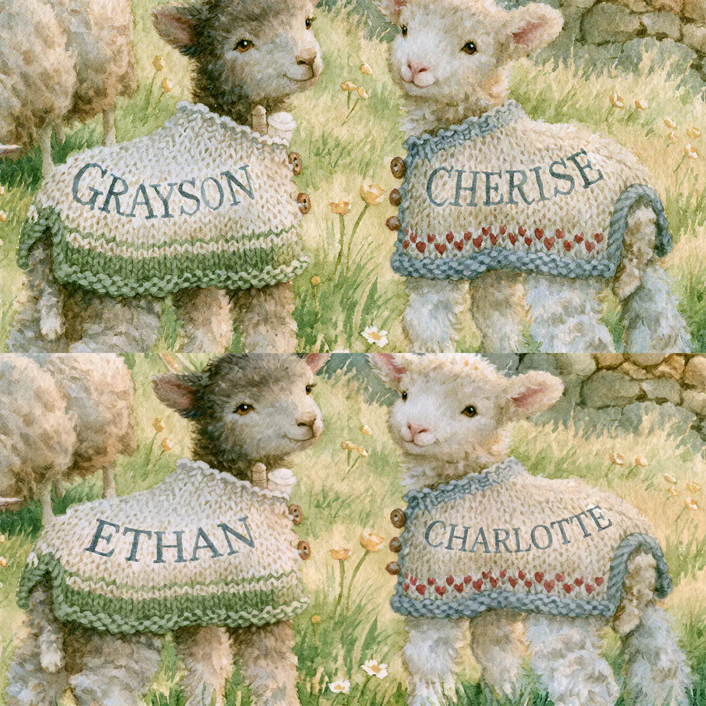 Four name preview examples of Two Lambs in Woolly Coats Personalized Wall Mural by Whimsy Tots
