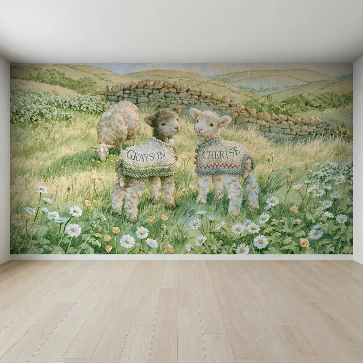 Full view of Two Lambs in Woolly Coats Personalized Wall Mural by Whimsy Tots