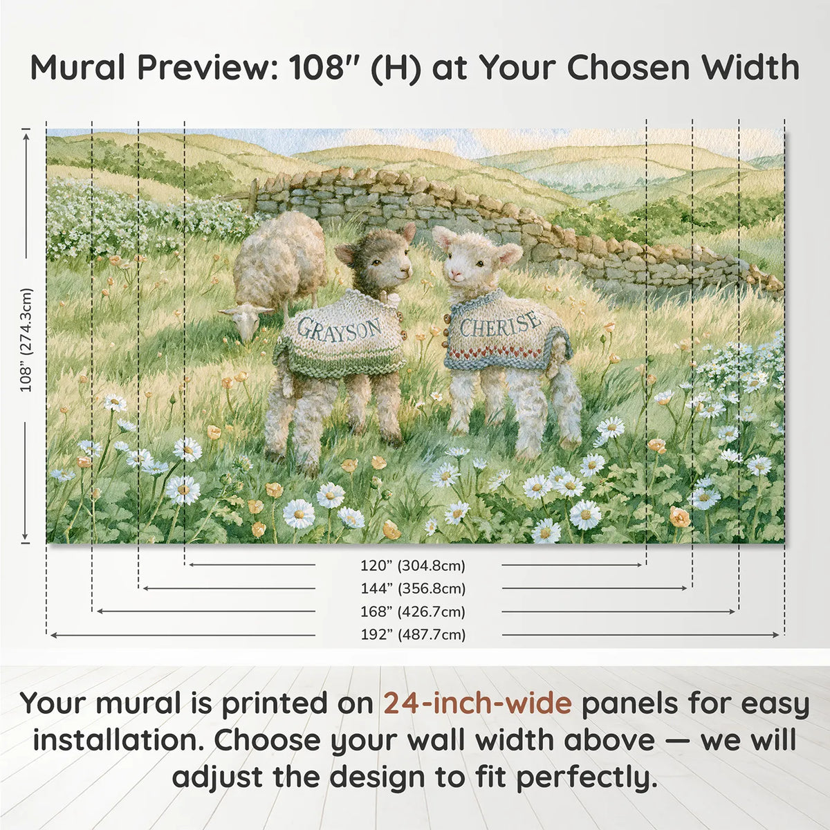 Panel layout and dimensions for Two Lambs in Woolly Coats Personalized Wall Mural by Whimsy Tots