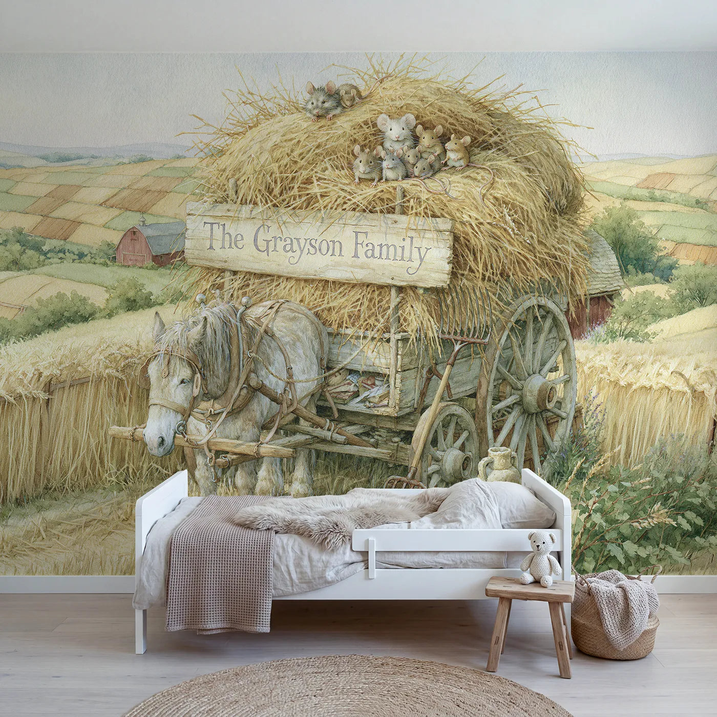 Storybook family hay wagon personalized wall mural with painted side board name by Whimsy Tots