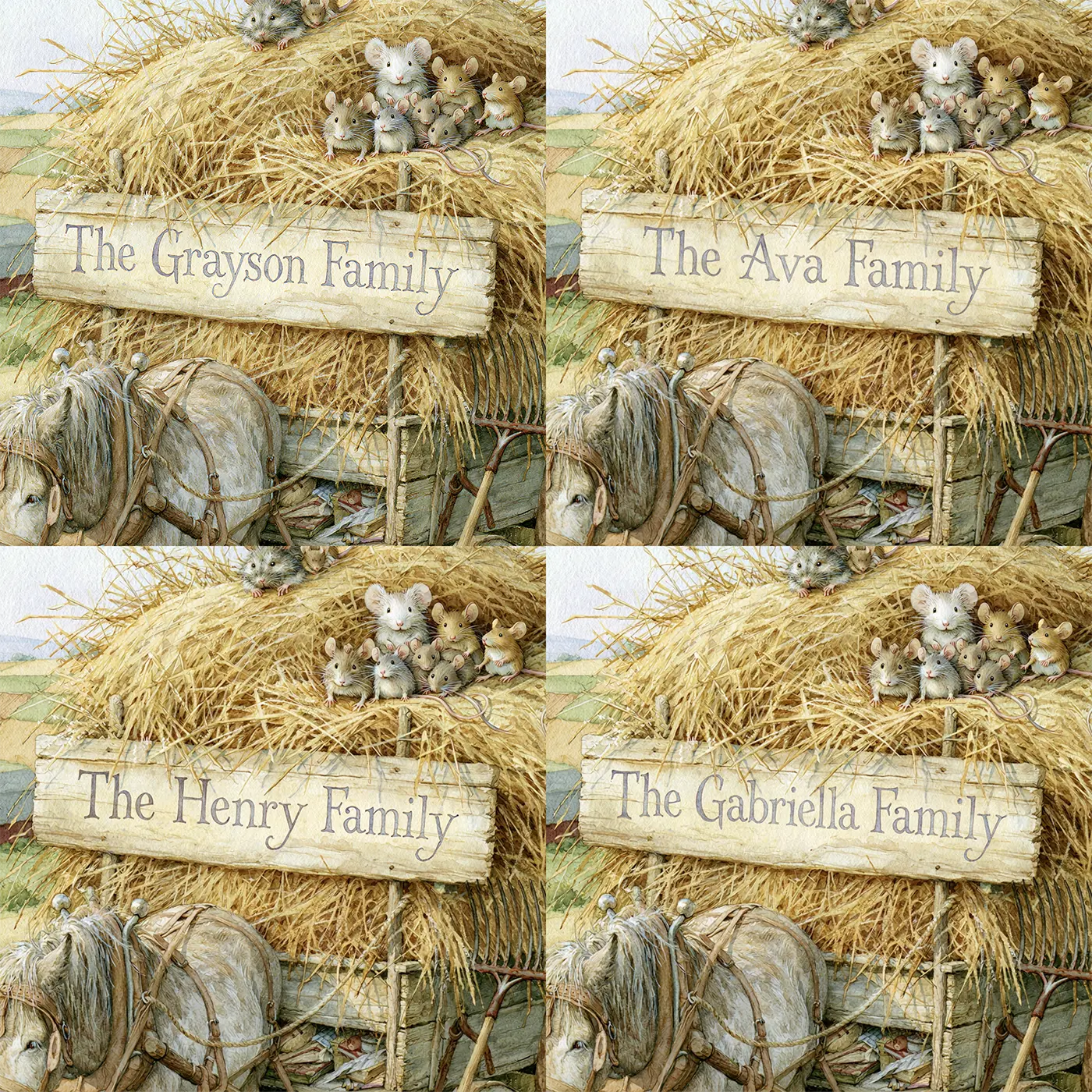 Four name preview examples of Family Farm Wagon Personalized Wall Mural by Whimsy Tots
