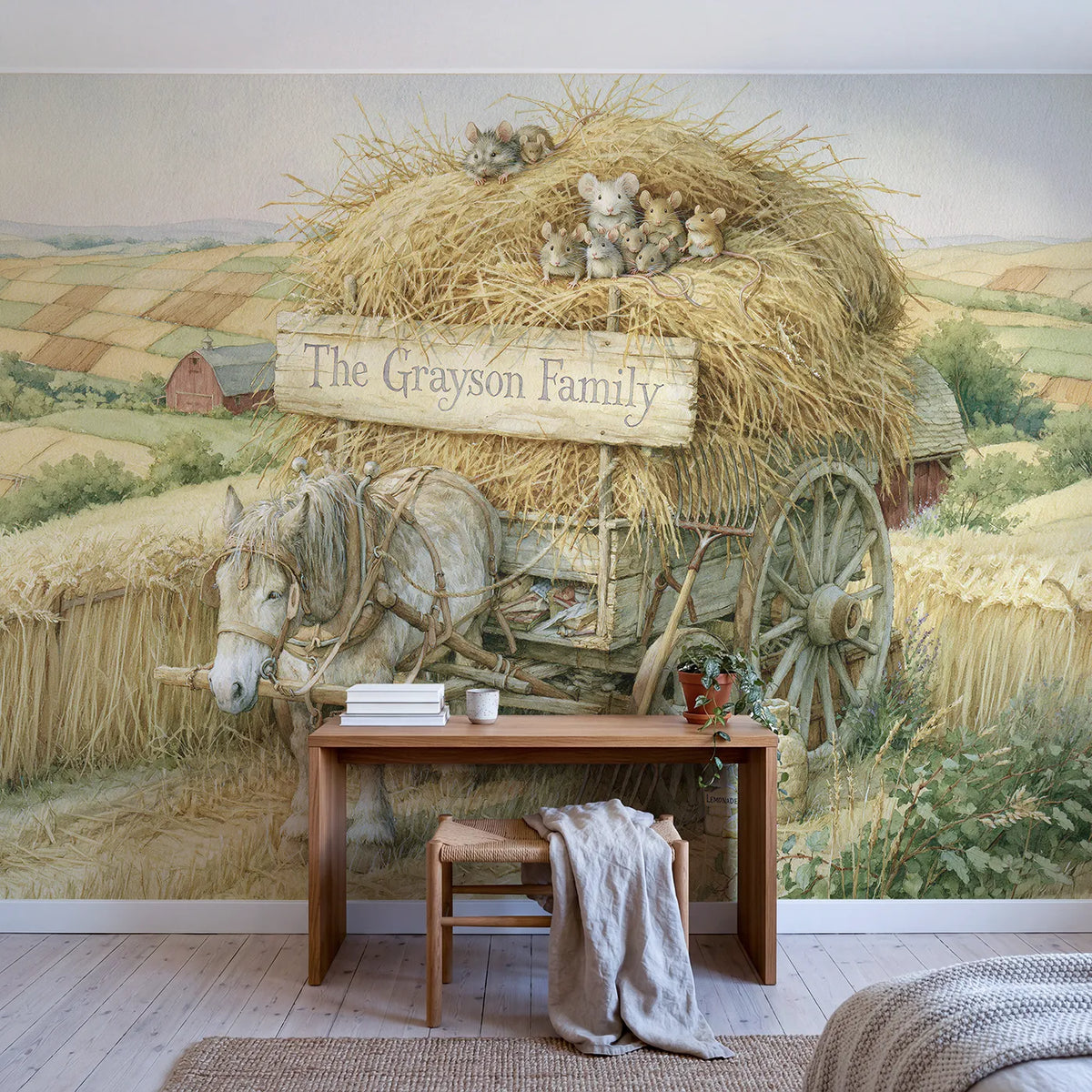 Family Farm Wagon Personalized Wall Mural in playroom setting by Whimsy Tots