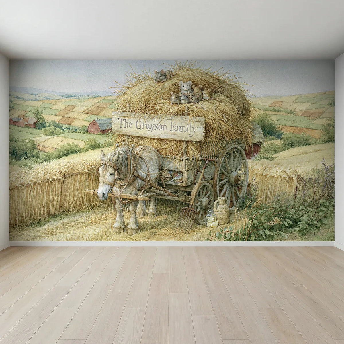 Full view of Family Farm Wagon Personalized Wall Mural by Whimsy Tots