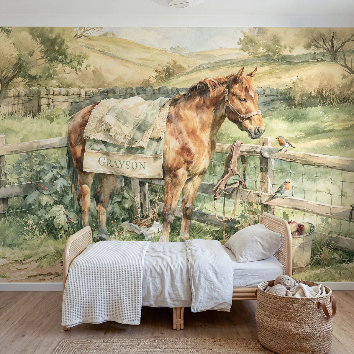 Watercolor pony saddle blanket personalized wall mural with embroidered hem name by Whimsy Tots