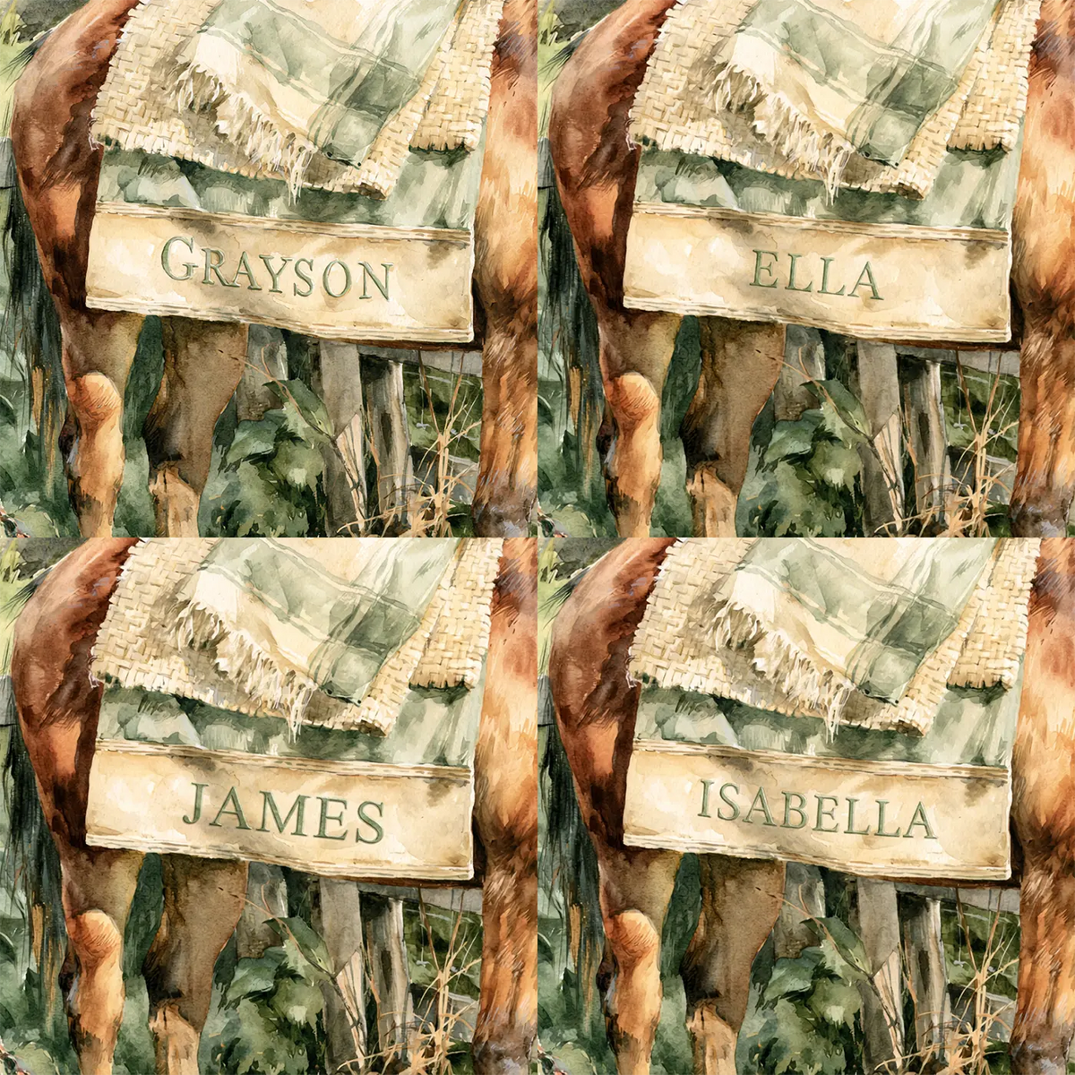 Four name preview examples of Pony Saddle Blanket Personalized Wall Mural by Whimsy Tots